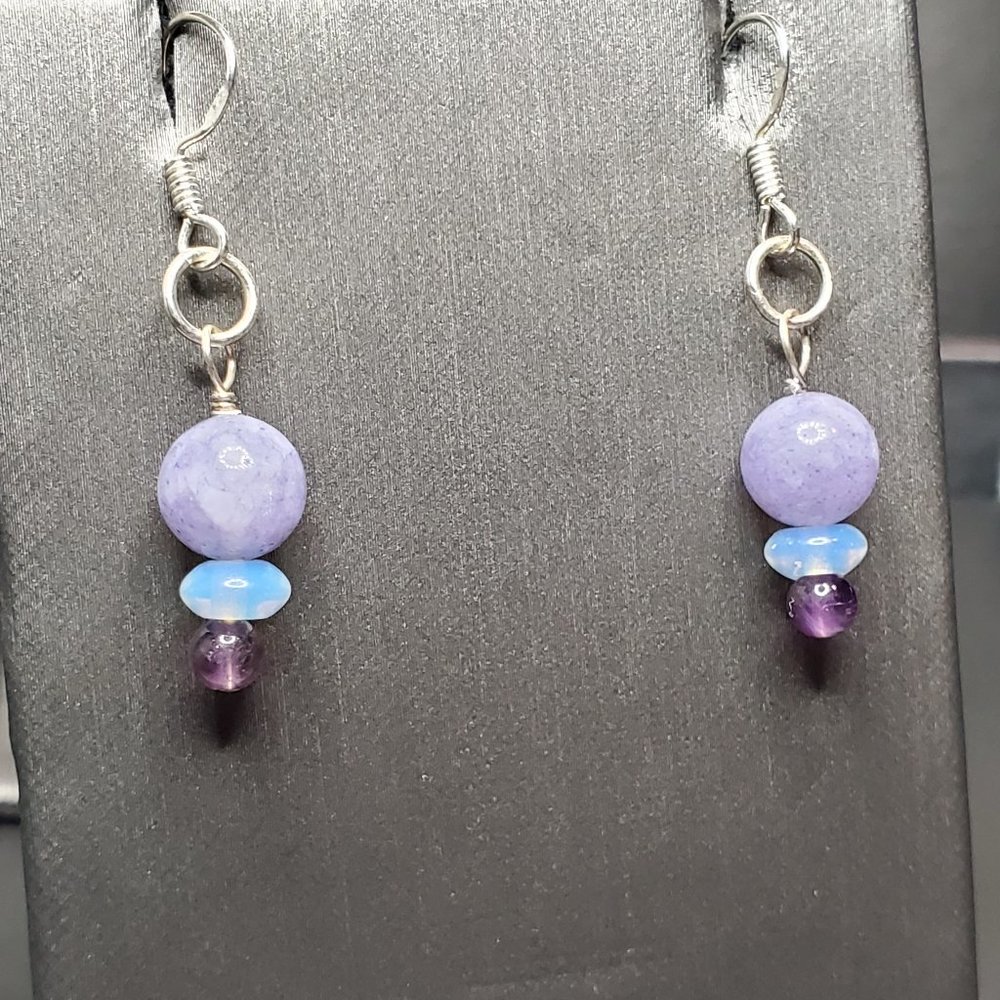 Handcrafted Genuine Amethyst, Moonstone and Jade Sterling Silver Earrings